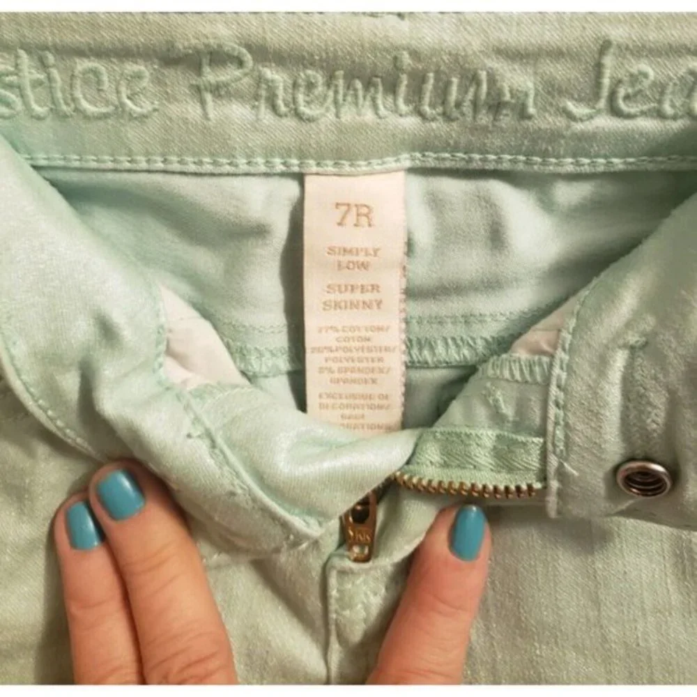 Justice Seafoam Green Metallic Super‎ Skinny Jeans, Girls Size 7R